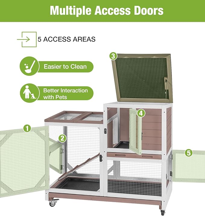 GUTINNEEN Duplex Rabbit Hutch Indoor with Chew-Proof Frame & 2 Leak-Proof Sliding Trays, Rain Cover, Wooden Guinea Pig Cages with Wheels - Brown