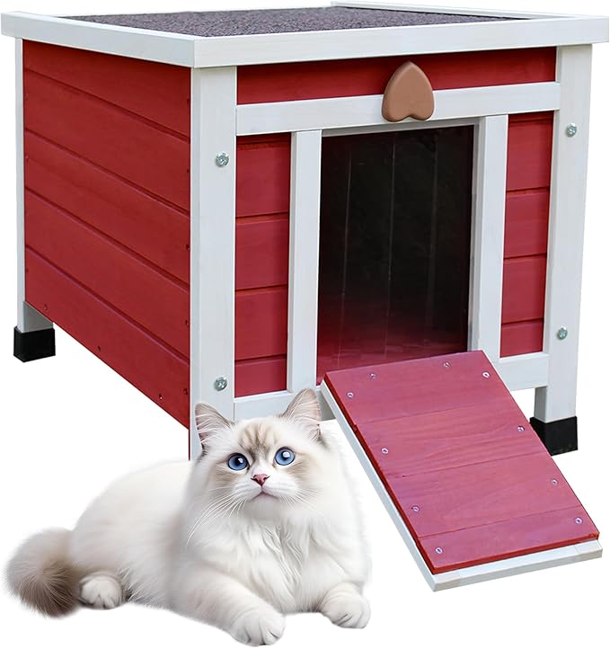 Rockever Outdoor Cat House,Outdoor cat Houses for Feral Cats Weatherproof Rabbit Hutch Small, Wooden Small Pet House and Habitats-Red