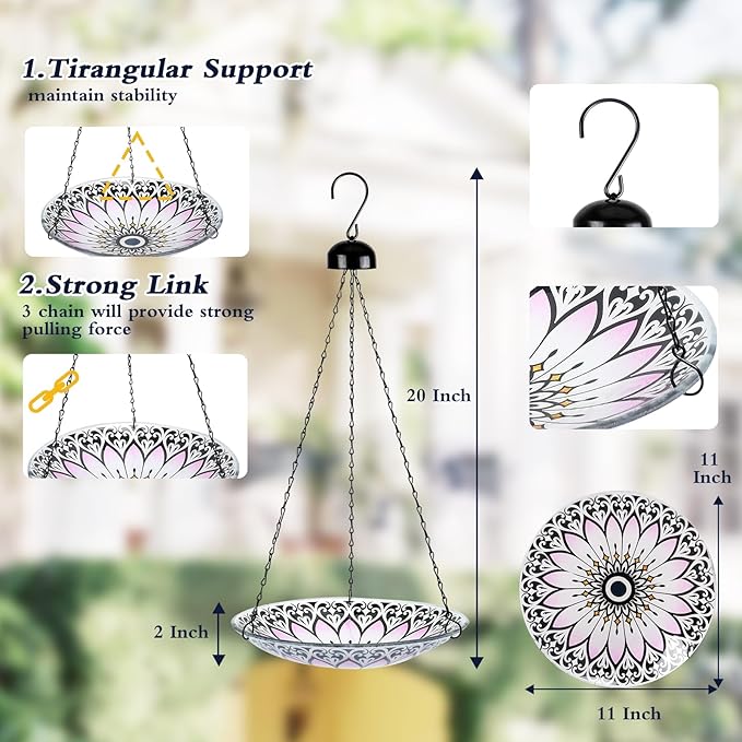 MUMTOP Hanging Bird Bath-Bird Baths for Outdoors - 12 Inch Glass Bird Water Bowl Bird Feeders for Outside, Garden, Lawn Yard Decor
