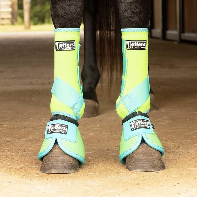 Jeffers Expression Neon Protective Horse Boots, 1 Pair, Lime & Turquoise – Breathable Neoprene, Secure Strap Closures, Durable Protection for Front & Hind Legs, Training, Trail & Riding Use - Large