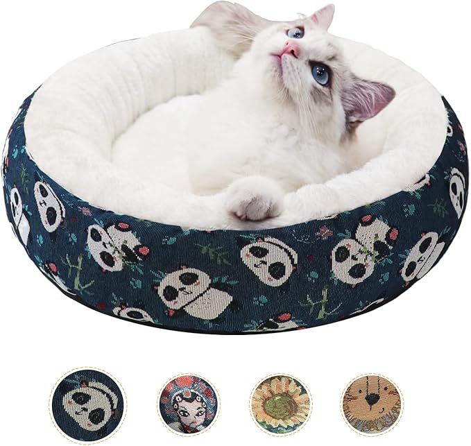 Circular Calming Dog & Cat Bed Anti-Anxiety Washable with Anti Slip Backing Donut Cuddler with Cute Jacquard Patterns for Cat and Small Puppy (XS-20in, Panda)
