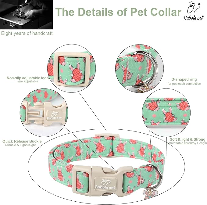 Easter Dog Collar for Large Dogs - Green Bunny Egg Dog Collars, Cute Boy Girl Dogs Easter Collar, Adjustable Spring Holiday Pet Collars with Quick Release Buckle XL