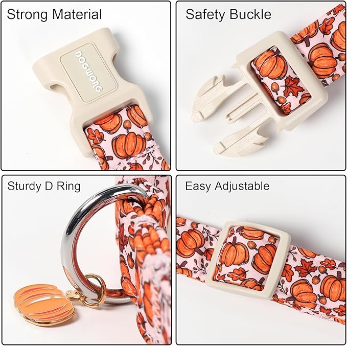 DOGWONG Pumpkin Dog Collar- Cute Pink Fall Dog Collars Adjustable Maple Fall Dog Collar for Small Medium Large Dogs M