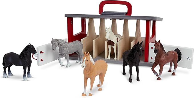 Terra by Battat – Wooden Farm Playset with 6 Toy Horses & Detailed Barn, Portable Equestrian Stable for Imaginative Play, Durable Farm Animal Figurines & Carry Handle, Playset for Toddlers 3+ Years