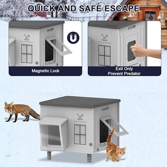 Tepoal Plastic Heated Cat House for Outside Winter, 100% Weatherproof & Insulated Outdoor Feral Cat Shelter with Safety Escape Door, Stackable Cat House with Heater for Barn Cat, Grey 17.7"x17"x17.5"