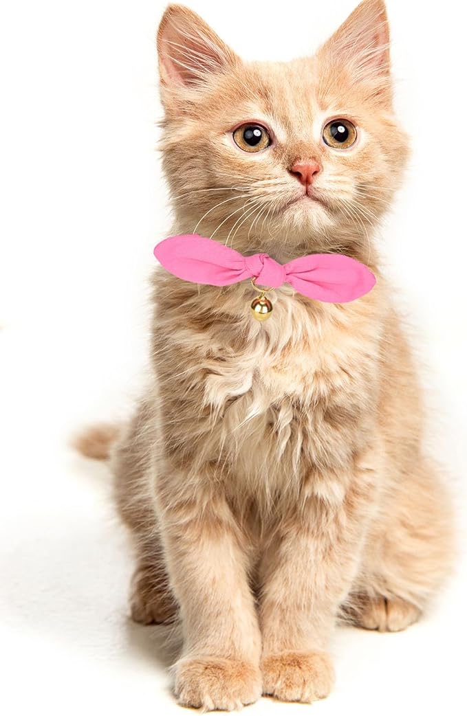 Bunny Ear Cat Collar with Bell and Bow Tie, Breakaway Cute Bowtie Kitten Collars(Hot Pink)