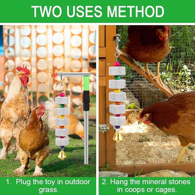 2 Pack Chicken Chewing Toy, Adjustable Chicken Toys for Coop with Volcanic Stone, Multi-Functional Chicken Coop Accessory for Chickens, Birds, Rodents & Small Pets