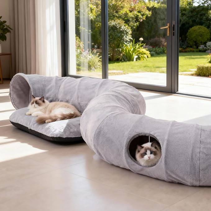 Luxury Plush Cat Tunnel Bed, White Faux Fur, Large Indoor Cat Hideaway, Cozy Sleeping Cave