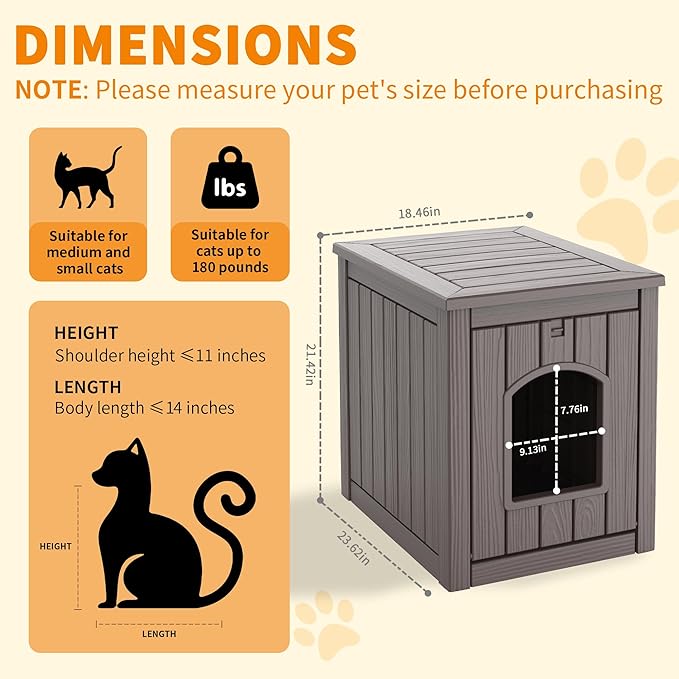 DRATO Outdoor Cat House -Weatherproof Resin Cat Houses for Outdoor Cats, Durable, Easy Assembly,cat igloo outdoor，Durable & Insulated Shelter for Garden, Patio, or Backyard（Grey，18.46*23.62*21.42）
