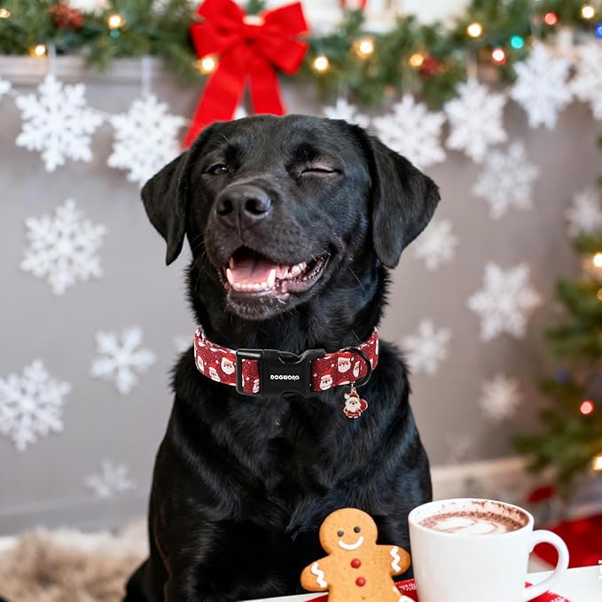 DOGWONG Christmas Dog Collar, Red Santa Claus Print Cute Dog Collars Winter Holiday Male Female Adjustable Dog Collar for Medium Large Dogs