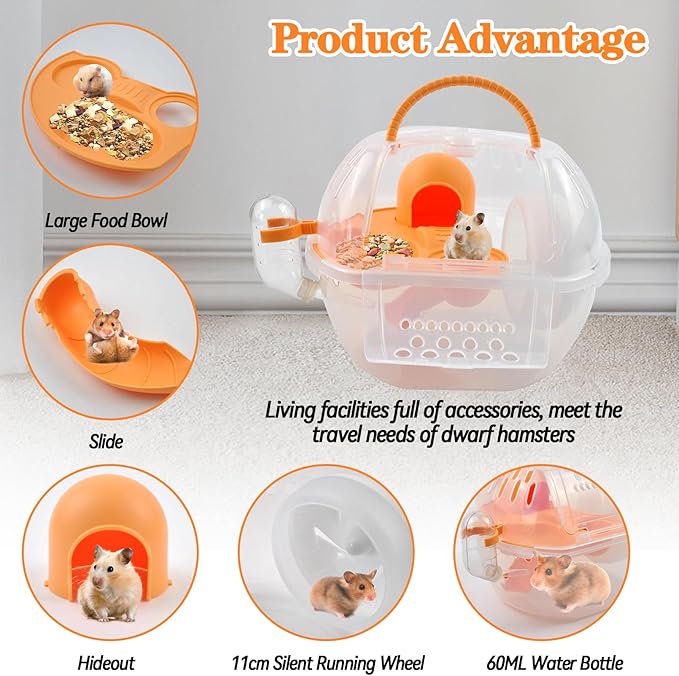 Hamster Transport Carrier,2 Tiers Dwarf Hamster Cage Carrier Breathable Small Animal Travel Carry Case with Silent Exercise Wheels Water Bottle Food Dish for Mice Rat(Orange)
