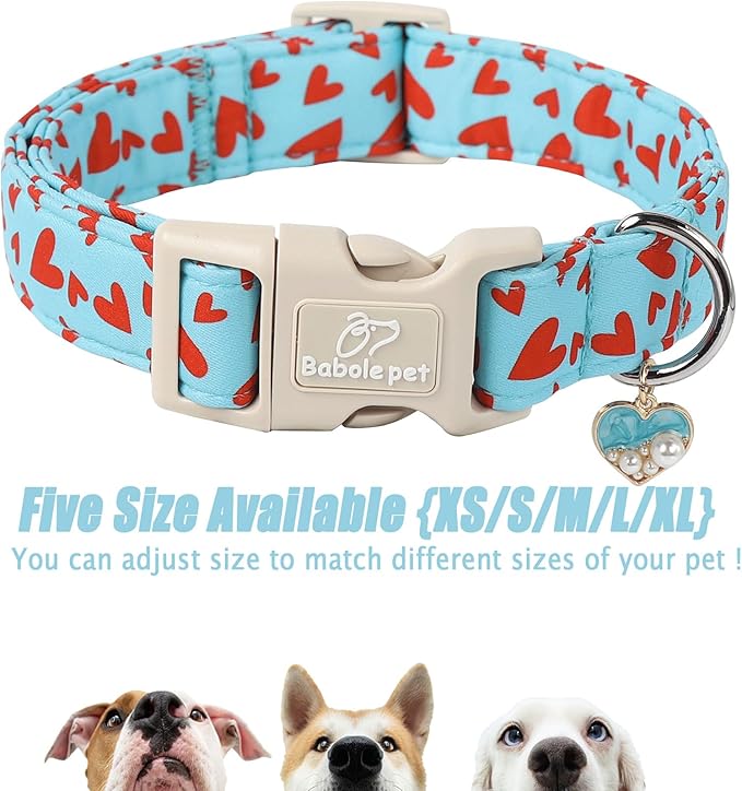 Valentines Dog Collar for Medium Dogs - Cute Valentine Blue Dog Collars, Adjustable Puppy Red Hearts Collar with Quick Release Buckle for Boys&Girls Dogs M