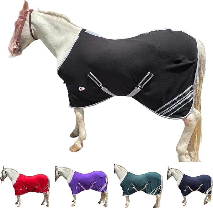 Majestic Ally Anti Pill Fleece Horse Blanket/Sheet with Silver Braided Rope (Black, 80)