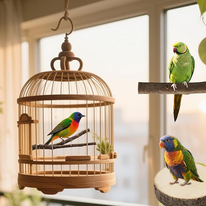 8PCS Bird Perch Natural Wooden Parrot Parakeet Toy Stand Branches Bird Cage Accessories Fork Toys Hanging Multi-Branch Perches Platform Hammock Swing Toy for Parakeets Cockatiel Conure