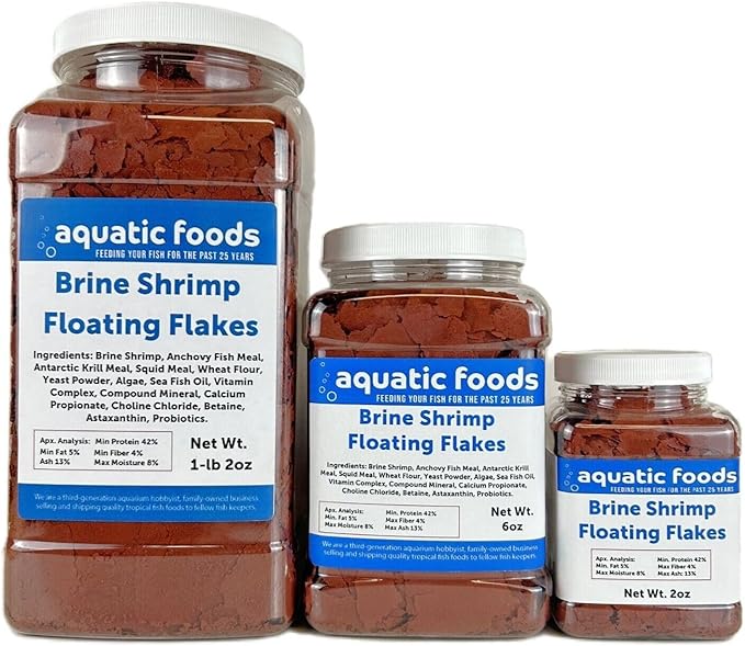 Aquatic Foods Inc. Brine Shrimp Flakes for Freshwater Cichlids, Angels, Live Bearers, Tetras, Guppies, Marine Tangs, Butterflies, Angelfish, Anthias, Clown Fish...WL 6oz Med Jar