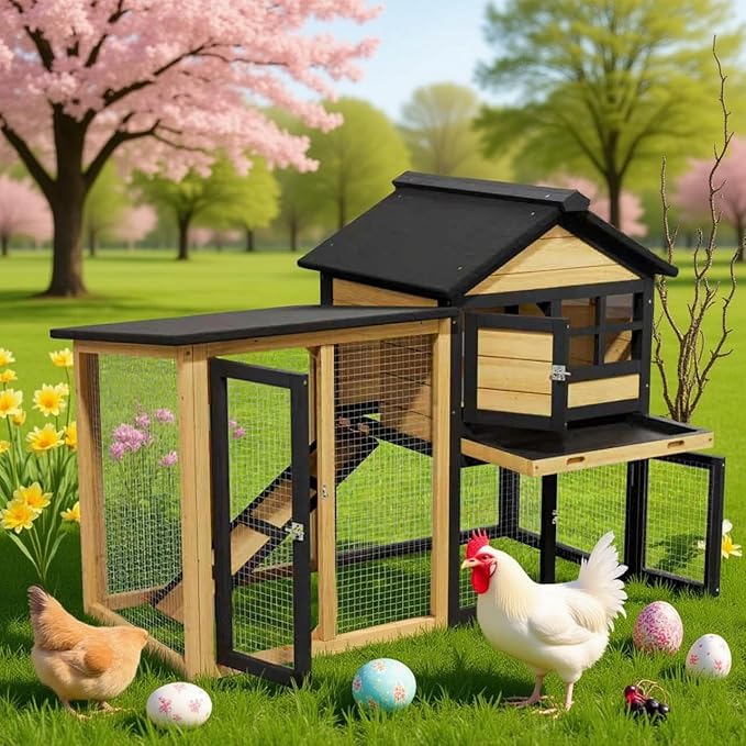 Bunny Cage Premium Rabbit Hutch with Leak-Proof Roof, 2-Story Bunny House for Guinea Pigs & Hamster, Wooden Chicken House with Deep Pull-Out Tray, Waterproof Chicken Coop for Outside (Yellow Black)