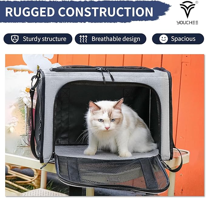 Cat Carrier Dog Carrier, Pet Travel Bag for Cats & Small Dogs up to 15 lbs, Washable Soft Sided Collapsible Airline Approved Puppy Carrier, 17.5"x12"x12. (Light Gray)
