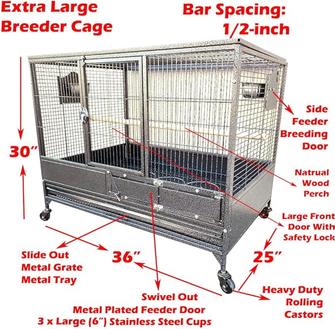 Extra Large Heavy Duty Single Stackers Breeding Breeder Parrot Amazon African Grey Aviary Bird Flight Cage Side Doors with Rolling Wheels 36" L x 24" W x 30" H