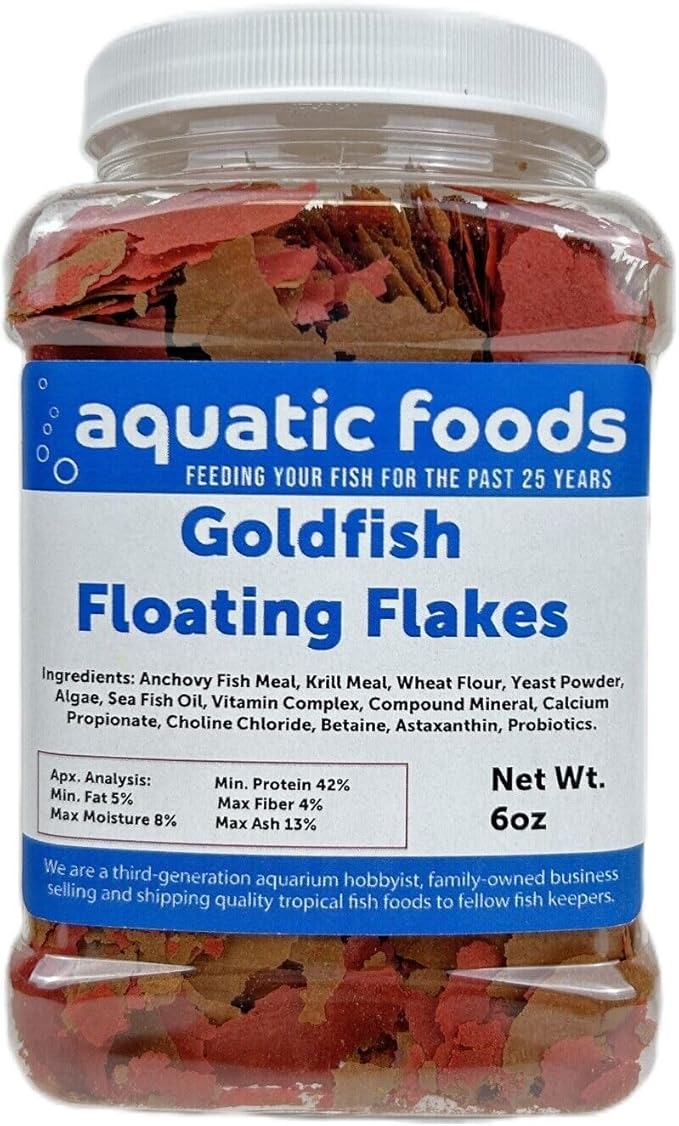 Aquatic Foods Inc. Goldfish Flakes, 42% Protein Color Enhancing and Spirulina Flakes for Aquarium & Pond Goldfish, Koi and All Pond Fish...WL 6oz Med Jar
