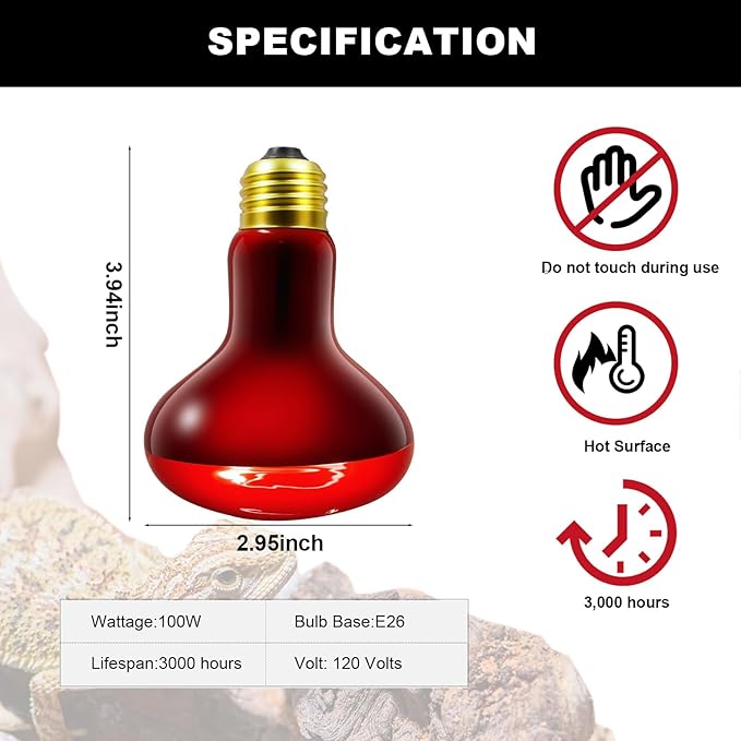 2 Pack Infrared Heat Lamp, 100W Reptile Heat Emitter Infrared Basking Spot Light, Red Heat Lamp for Chickens Coop Reptile Pets Brooder Use