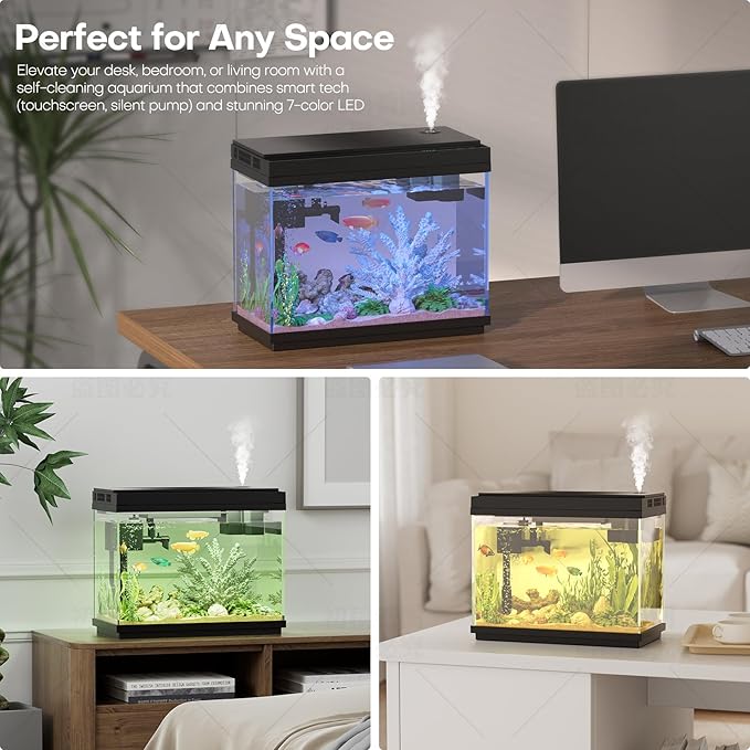 Fish Tank Smart Aquarium Kit: 2.5Gal Auto-Humidifying with Intelligent Mist Spray, Ultra-Quiet Silent Pump, Multi-Layer Filtration System, 7 Color Lights&LED Display-Desktop Decor for Room