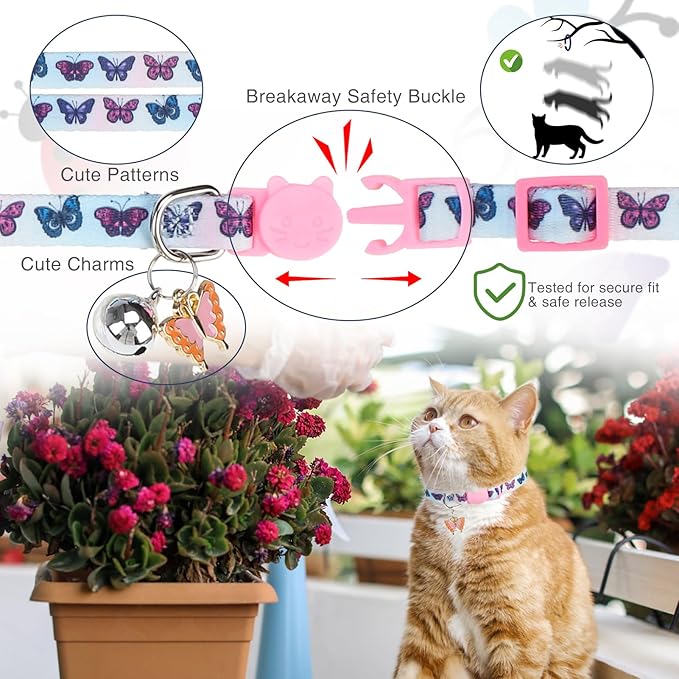Cat Collar Breakaway with Bells, 3 Pack Spring Flower Cat Collars for Girl Boy Cats, Cute Kitten Collars with Safety Buckle Adjustable 8"-12" for Outdoor Indoor Kitty Puppy Small Pets, Insect