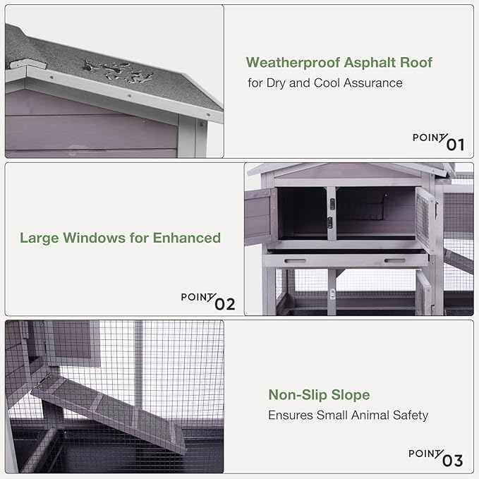Indoor/Outdoor Rabbit Hutch with Pull-Out Tray, Weatherproof Bunny Cage & Attached Run - Also for Chickens (Grey, L)