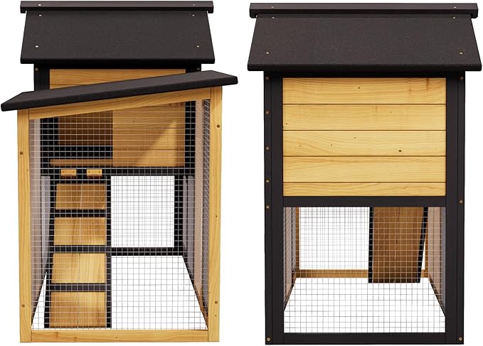 Chicken Run Coop, Wooden Duck Coop Outdoor 2-Tier Hen House All Weather Used Poultry Quail Cage Rabbit Hutch Pet Hideout with Ramp for Small Medium Animals (Natural Wood)