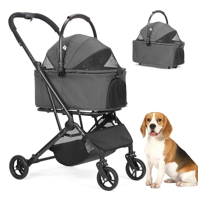 Wdyvko 3 in 1 Dog Stroller, Upgraded Frame, Up to 44lbs Pet Stroller with Dog Poop Bags & Dispenser, Zipperless Entry, Storage Basket & Pouch for Small Dogs Cats (Dark Grey)