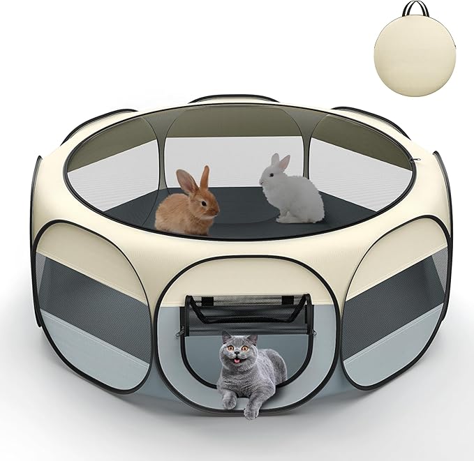 Small Animal Playpen, Chicken Brooder Box with Cover Top, Portable Outdoor Exercise Pet Cage Tent, Waterproof Breathable Pet playpen Indoor for Chick Ktiien Bunny Hamster Guinea Pig,Beige+Gray