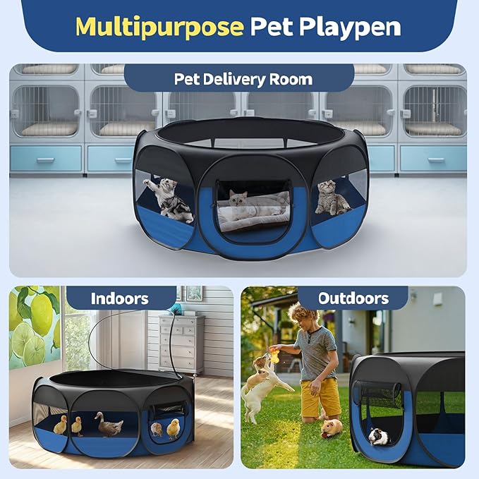 Small Animal Playpen, Chicken Brooder Box with Cover Top, Portable Outdoor Exercise Pet Cage Tent, Waterproof Breathable Pet playpen Indoor for Chick Ktiien Bunny Hamster Guinea Pig,Black+Blue