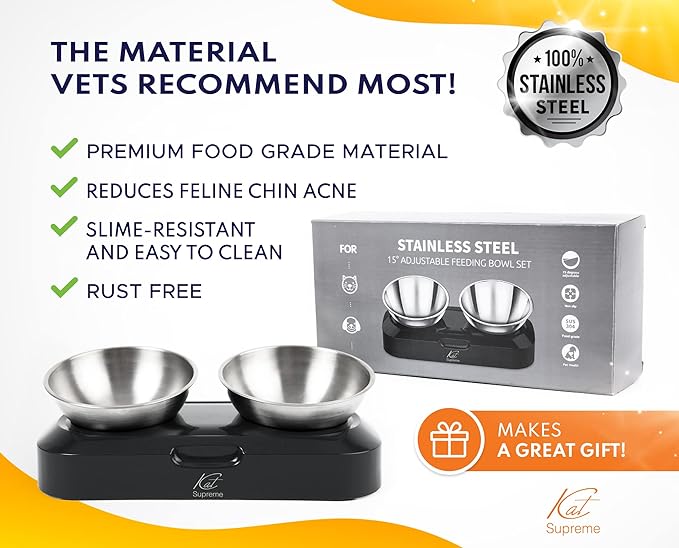 Cat Food Bowl - KATSUPREME Cat Bowls for Indoor Cats | Set of 2 Stainless Steel Bowl, Tilted Bowls Elevated Anti Vomiting, Non-Slip Base, Ant Proof Food & Water.