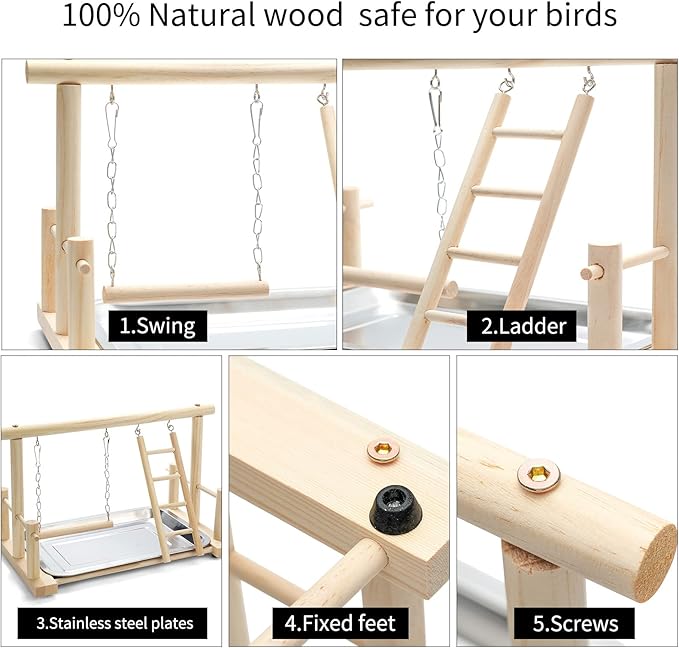 Natural Wood Bird Playground Parrot Perch Playstand Play Gym Stand Playpen Perches Ladder Swing Platform with Toys Exercise Playgym for Luonfels,Budgie,Cockatiels,Conures,Parakeets,Lovebird