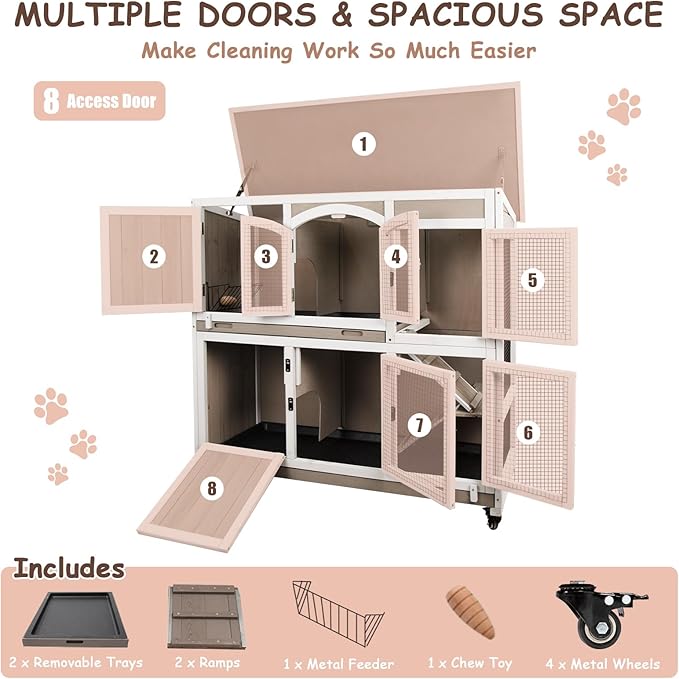 PetsCosset 42.7" L Rabbit Hutch Indoor Outdoor 2-Story Rabbit Cage with 4 Wheels,Guinea Pig Cage Bunny Hutch with 2 Pull Out Trays,Bunny Cage with Asphalt Roof for Small to Medium Animals