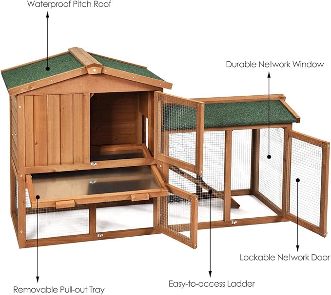 Tangkula Rabbit Hutch Indoor and Outdoor, 58-Inch Bunny Cage with Removable Tray & Ramp, Wood Chicken Coop with Waterproof Roof for Rabbits, Chicken and Guinea Pigs