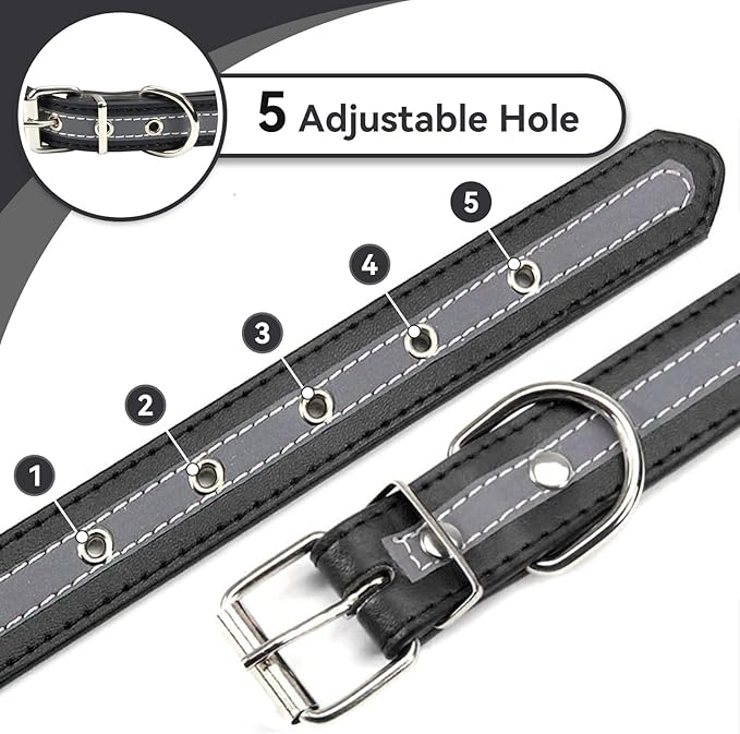 PETCARE Reflective Dog Collar with Cute Paw Rivet Studded Funny Soft PU Leather Adjustable Puppy Dog Collars for Small Medium Large Dogs Cats (Black,Large)