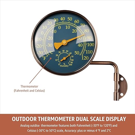 4-Inch Outdoor Thermometer and Humidity Gauge, Window Thermometer for Outside Temperature and Humidity Monitor, Brass Analog Dial, Battery-Free for Patio, Garage, Greenhouse, Garden, Wall
