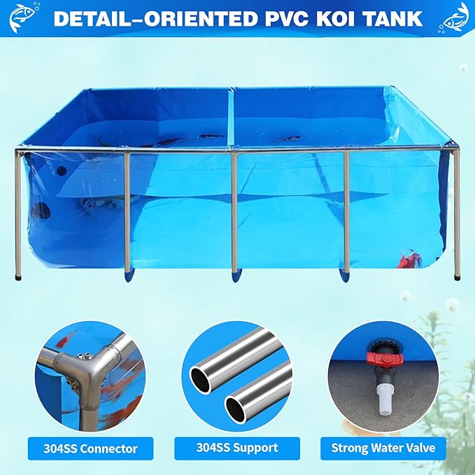 PVC KOI Aquarium Tank, Temporary Fish Tank with Clear Viewing Panel, KOI/Goldfish Pond with 304SS Frame & Drain Valve(70.9" L*39.4" W*31.5" H, About 345Gal Water Capacity)