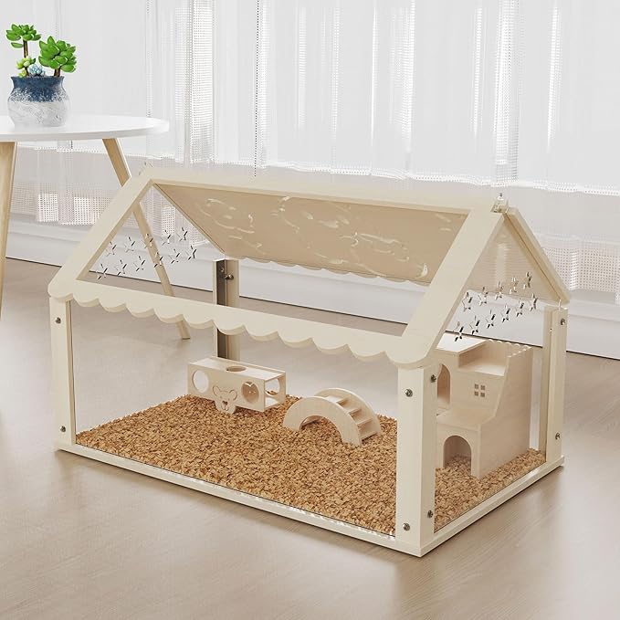 Hamster cage Wooden with Acrylic, Dwarf Hamster cage, Small Animal Habitat with Openable Top, Mouse cage for Guinea Pigs, Chinchillas, Gerbil, Syrian Hamster (31inch no Moon)