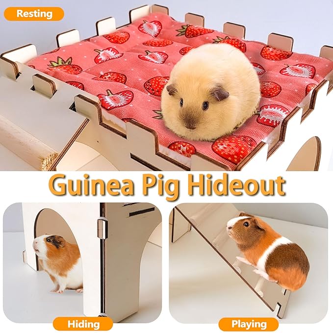 2PCS Guinea Pig Hideout,Large Wooden Guinea Pigs House with Stairs and Mats,Detachable Guinea Pig Castle Hide for Small Animals Hamster Chinchilla Ferret Habitats Accessories