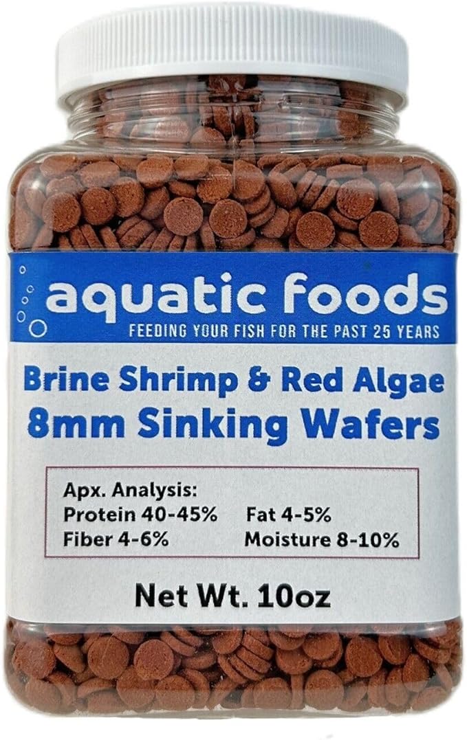 Aquatic Foods Inc. 8mm - 1/3" Brine Shrimp & Red Algae Color Enhancing Sinking Wafers for Shrimp, Snails, Crabs, Plecos, Catfish. Bottom and All Tropical Fish...WL 10oz Sm Jar