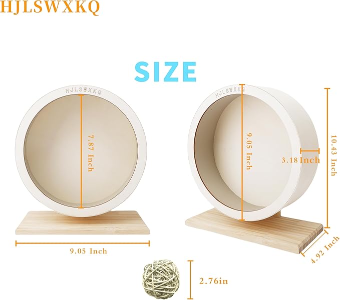 9in Silent Hamster Wheel with 2 Natural Chew Toys - Wooden Exercise Wheel with Removable Track, Quiet Spinner for Gerbils, Mice, Hamsters,Mouse,Syrian Hamster(9in)
