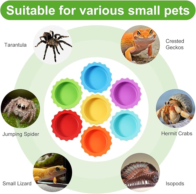 Reusable Small Reptile Food Dish, Crested Gecko Food and Water Feeding Cups, Easy Clean Silicone Small Capacity Worm Bowl, Gecko Tank Accessories (14 Pack, 7 Colors)