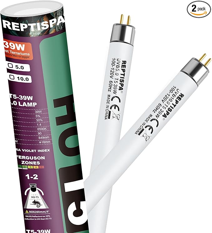 5.0 UVB Light for Reptiles, T5 HO 39 Watt Reptile Lamp Tube, Pack of 2 Fluorescent UVB Bulb, Basking Light for Bearded Dragon, Simulate Natural Sunlight for Reptiles and Amphibians