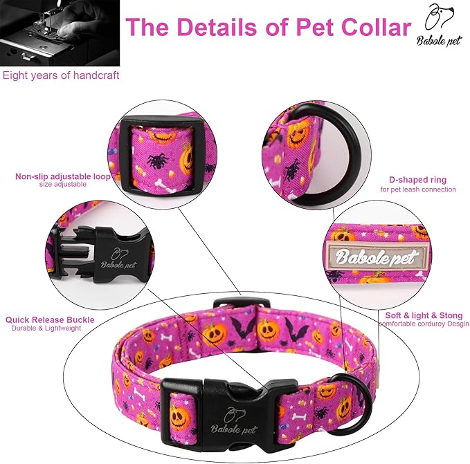 Halloween Dog Collar, Cute Pumpkin Bat Pattern Halloween Purple Puppy Collar, Soft Adjustable Cotton Dog Collars for Small Medium Large Boy&Girl Dogs L