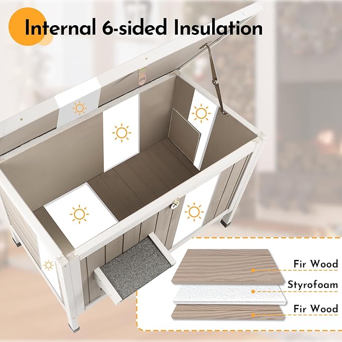 Insulated Outdoor Cat House,Wooden Cat House Weatherproof with All-Round Foam Insulation, 2 Doors, Feral Cats Shelter for Winter, 30.7''x21.6''x25.6''