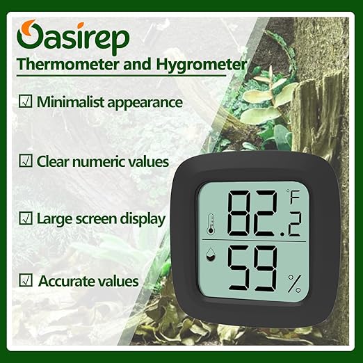 Black Reptile Thermometer and Hygrometer – LCD Digital Temp & Humidity Gauge for Bearded Dragon, Ball Python, Crested Gecko, Tortoise, Frog, Axolotl Tanks