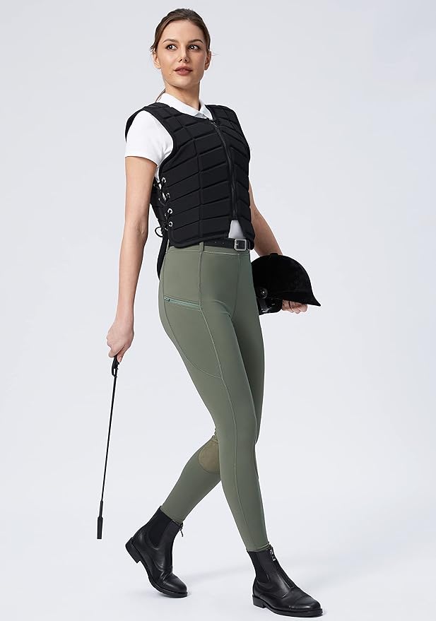 SANTINY Women's Horse Riding Pants with Zipper Pockets Knee-Patch Schooling Tights Equestrian Breeches for Women