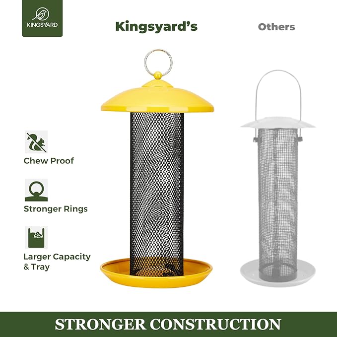 Kingsyard Finch Feeders for Outdoors Hanging, Metal Mesh Tube Bird Feeder for Nyjer/Thistle Seed, 2.5 lbs Large Capacity (Yellow)
