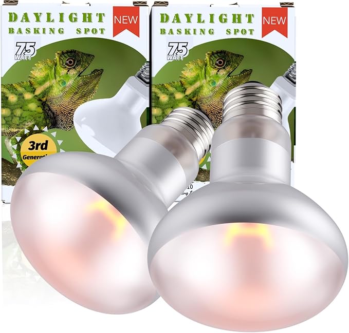 75W 2-Pack Reptile Basking Heat Bulb, UVA Daylight Heat Lamp Bulbs for Bearded Dragons, Turtles, Snakes, Lizards & Amphibians - Provides Infrared Heat Output & Sunlight Simulation Heating Light